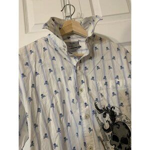 FENDER  Men's Sz M Long Sleeve Button‎ Front Shirt SKULLS White Blue